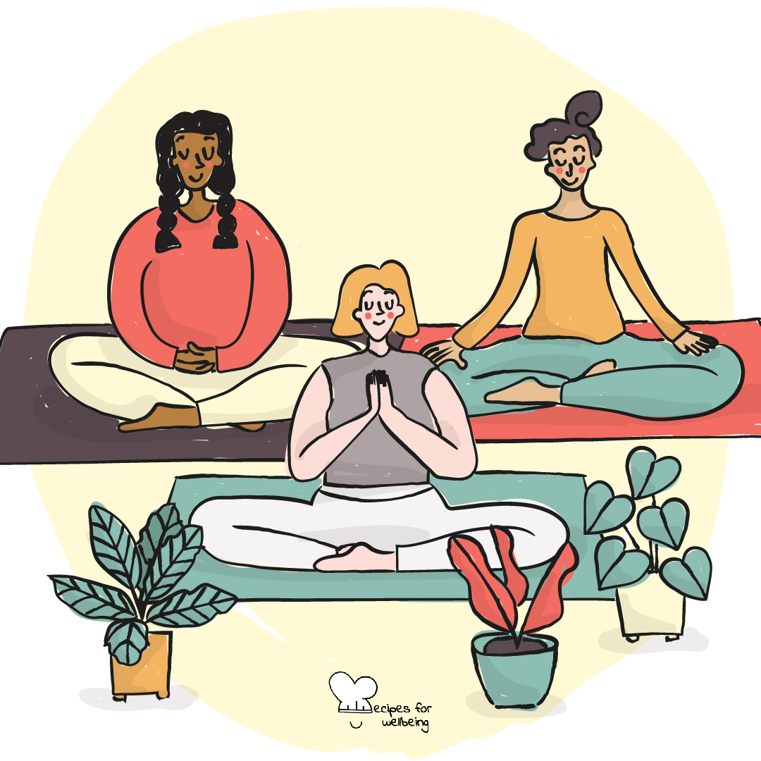 Illustration of three womxn sitting cross-legged on yoga mats in a meditative pose. © Recipes for Wellbeing