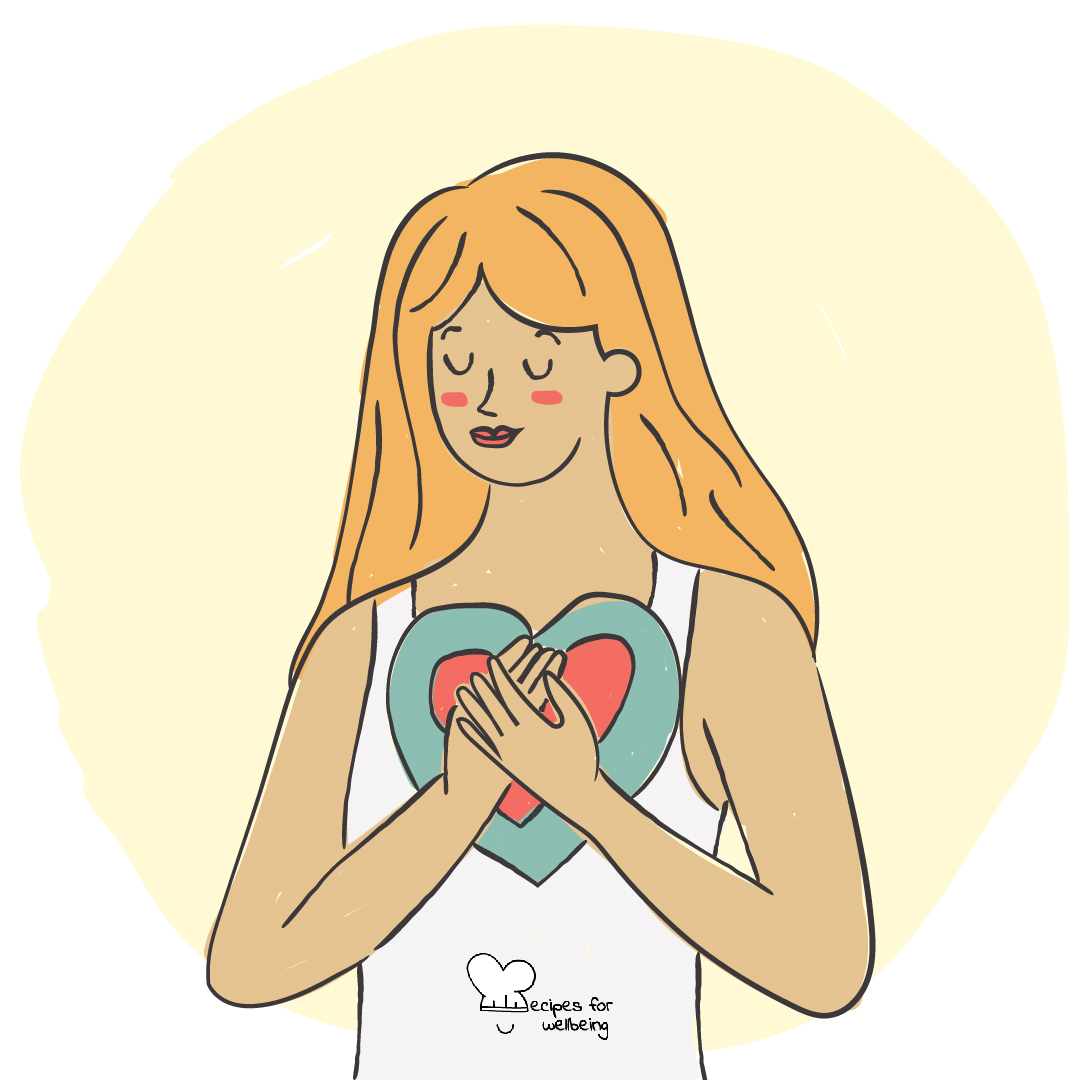 Illustration of a womxn holding their hands in front of the heart area. © Recipes for Wellbeing