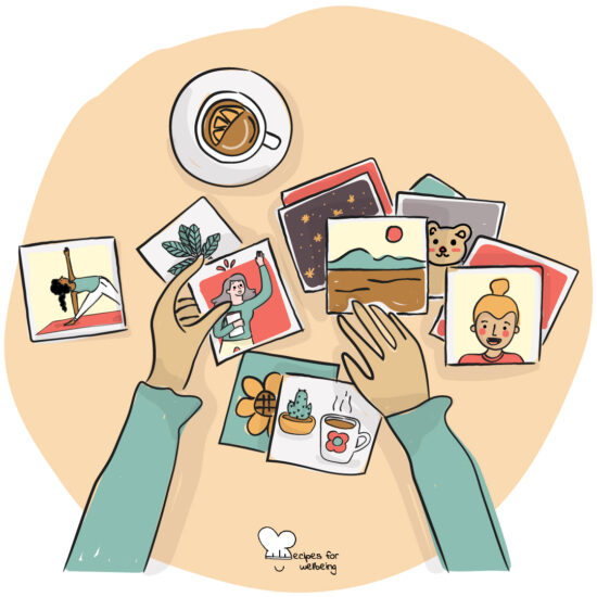 Illustration of a pair of hands going through a set of pictures. © Recipes for Wellbeing