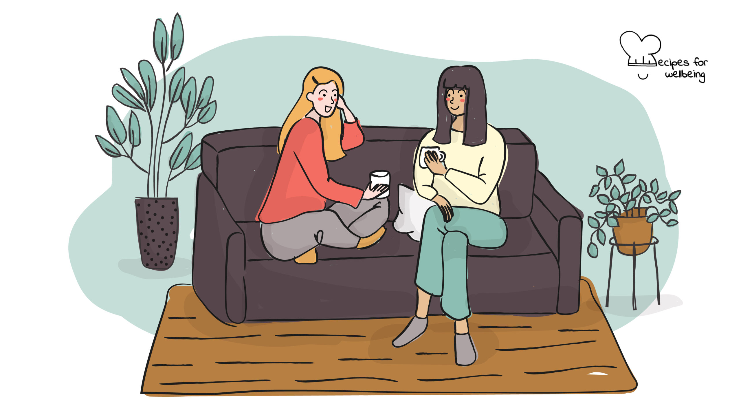 Illustration of two womxn sitting on a couch talking to each other. © Recipes for Wellbeing