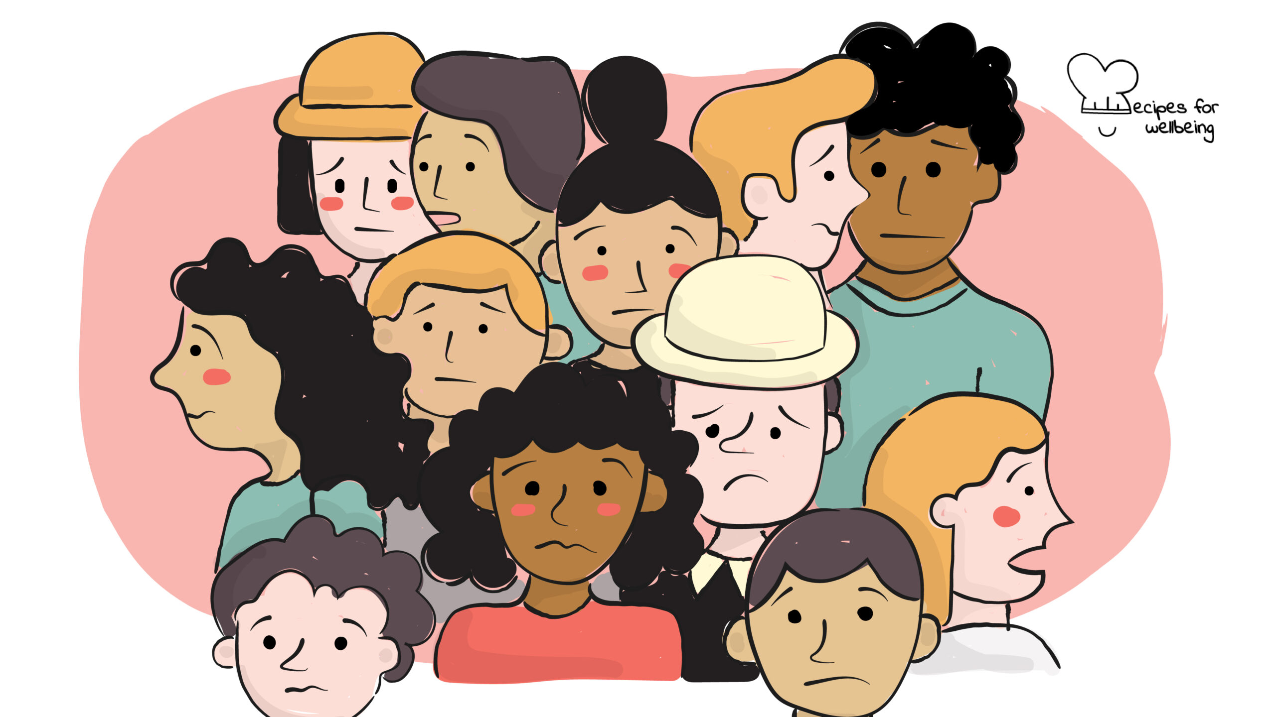 Illustration of a dozen people who look afraid and scared. © Recipes for Wellbeing