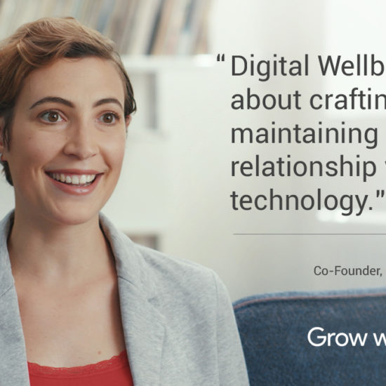 Greta Rossi, co-founder of Recipes for Wellbeing, with a quote from her interview with Google: "Digital Wellbeing is about crafting and maintaining a healthy relationship with technology."
