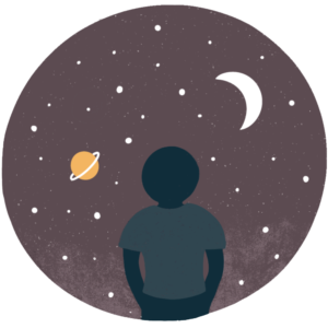 Illustrated icon for "spiritual wellbeing" with a person looking up to the universe.