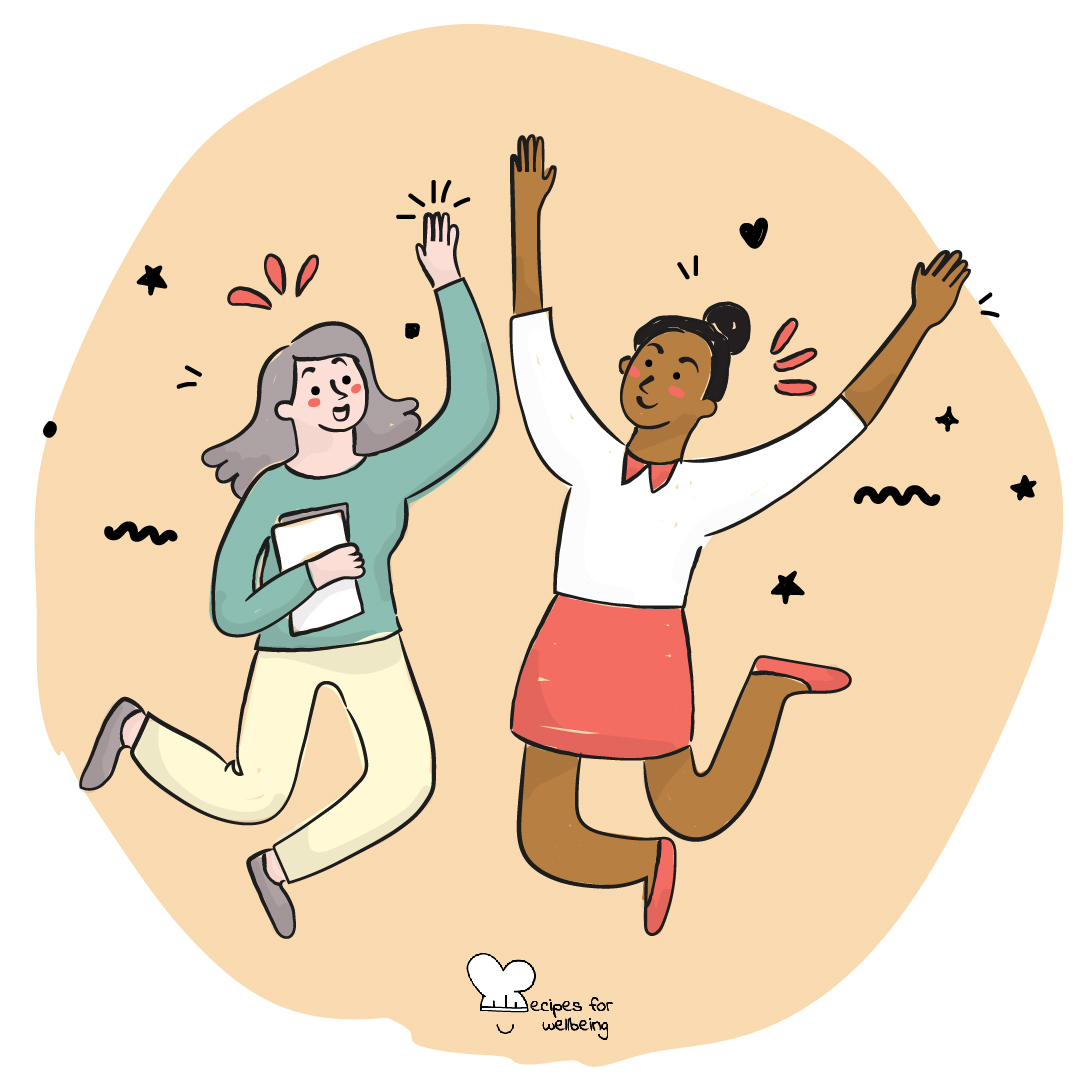Illustration of a pair of females jumping cheerfully. © Recipes for Wellbeing