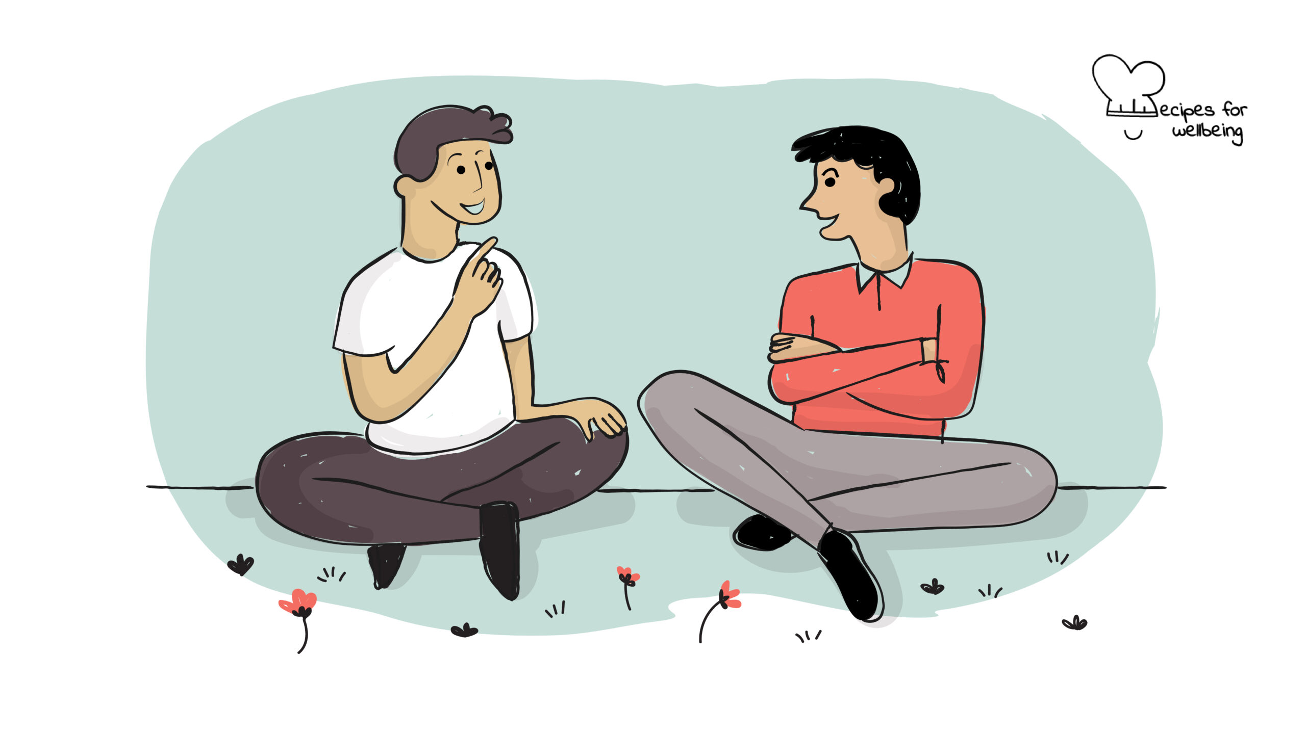 Illustration of two males sitting on the grass talking intensely to each other. © Recipes for Wellbeing