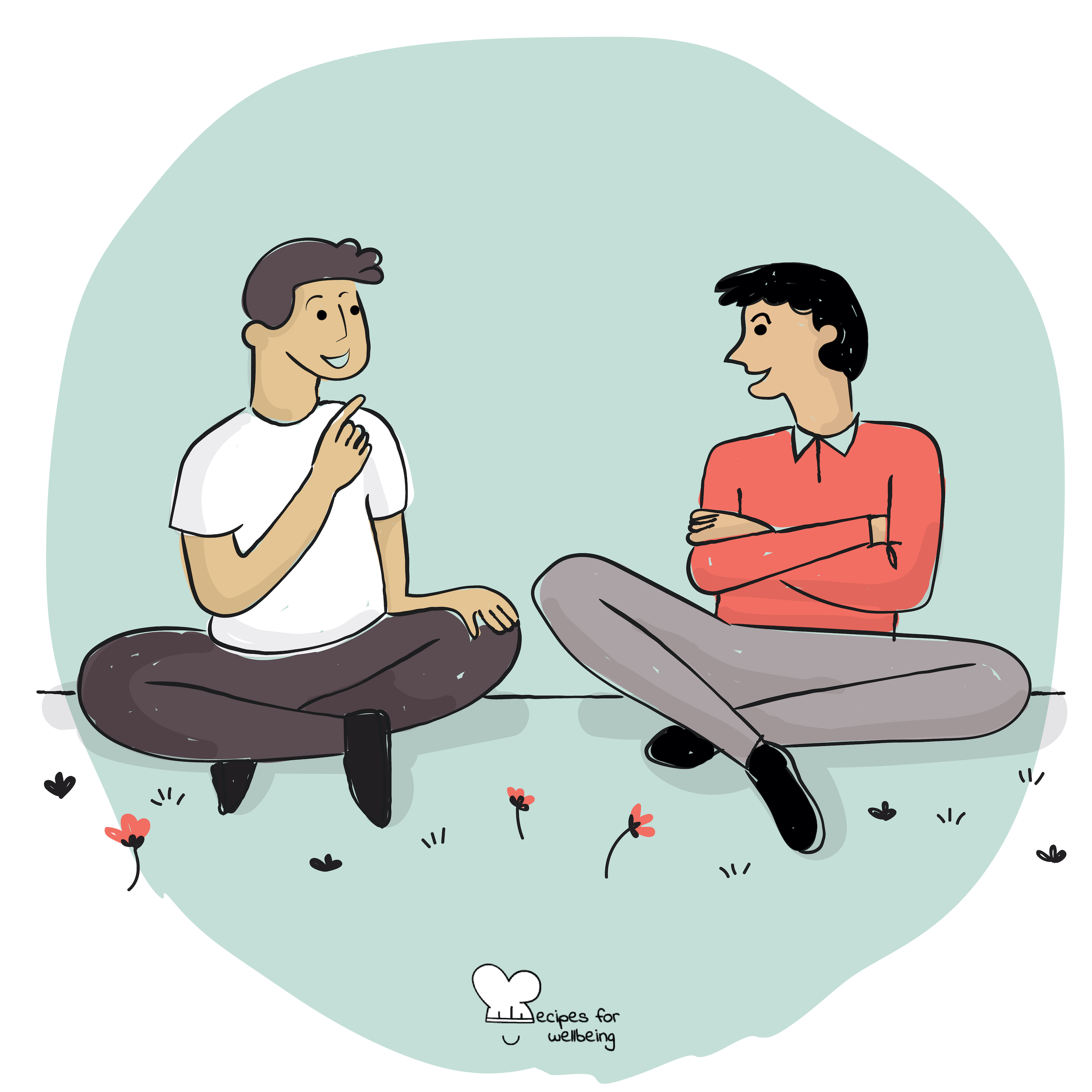 Illustration of two males sitting on the grass talking intensely to each other. © Recipes for Wellbeing