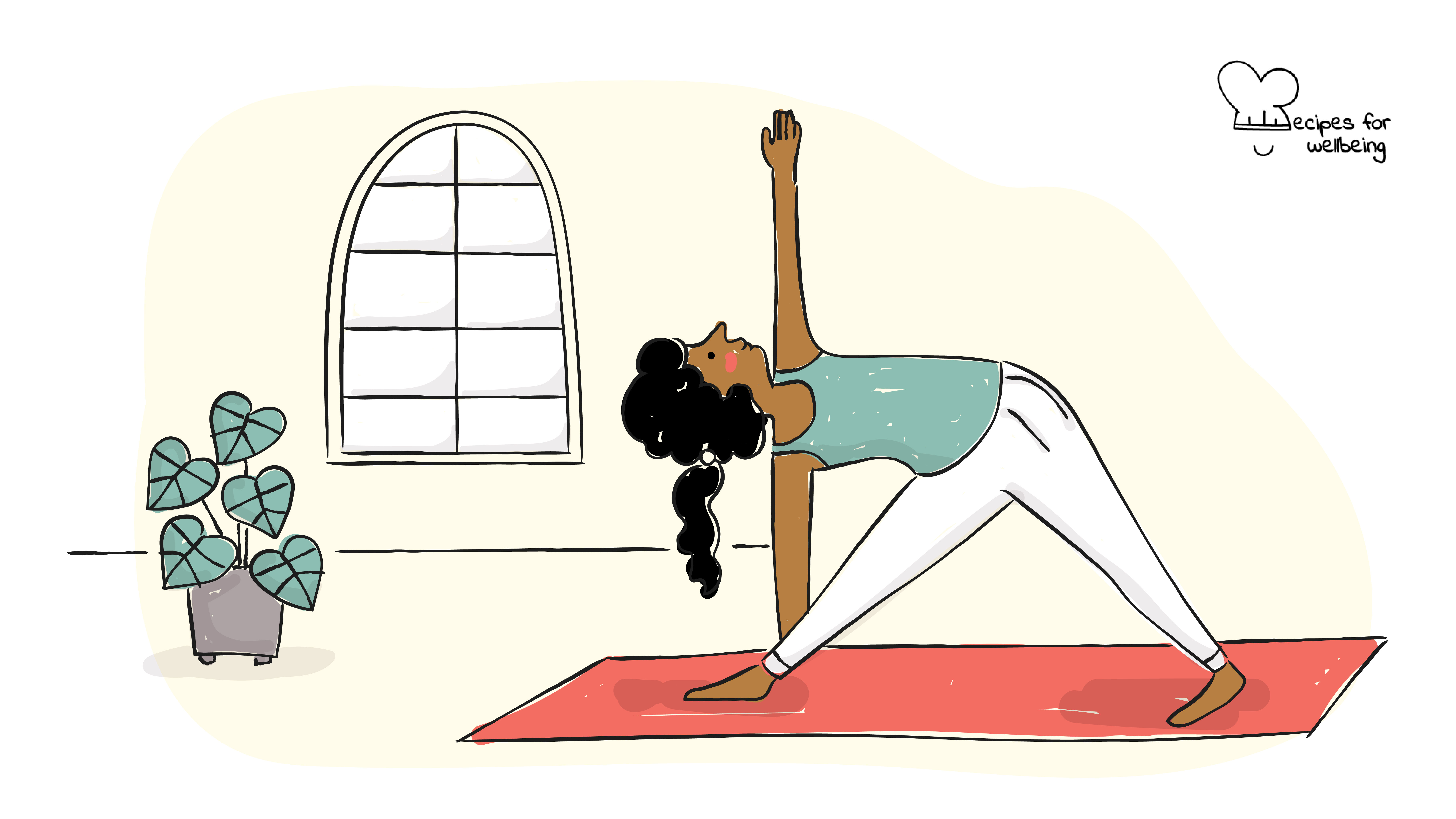 Illustration of a womxn in the Utthita Trikonasana pose (triangle pose). © Recipes for Wellbeing