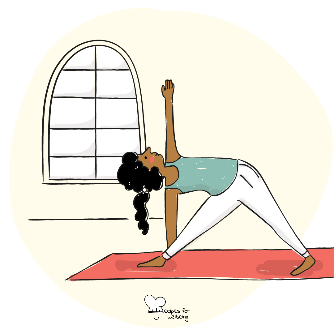 Illustration of a womxn in the Utthita Trikonasana pose (triangle pose). © Recipes for Wellbeing