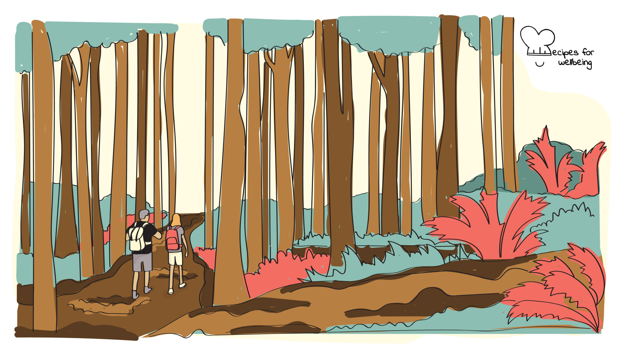 Illustration of two people walking in the woods. © Recipes for Wellbeing