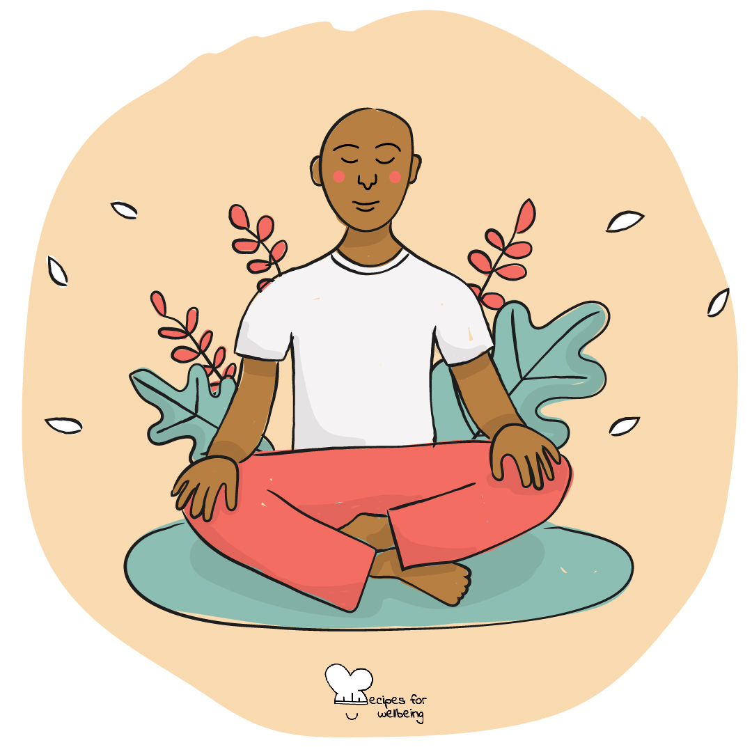 A person sitting cross-legged with their eyes closed, leaves drifting around them