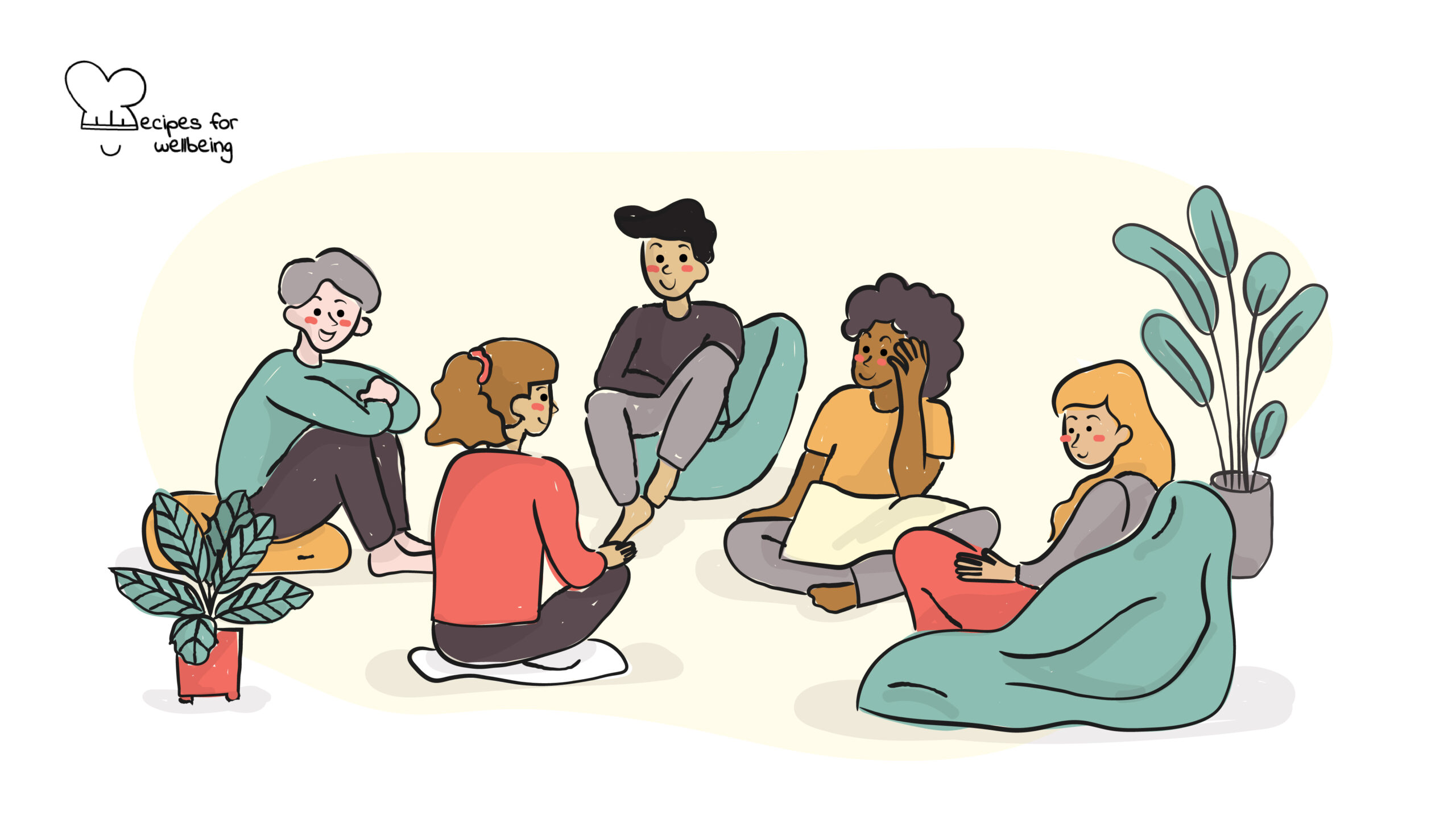 Illustration of a group of young people sitting on the floor talking to each other. © Recipes for Wellbeing