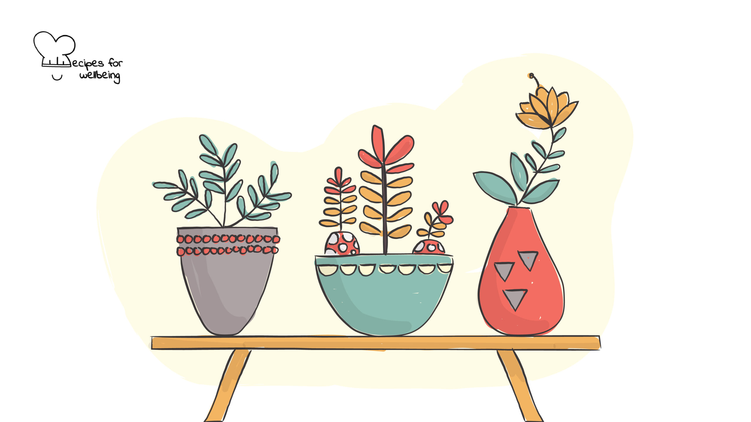 Illustration of three vases with plants. © Recipes for Wellbeing
