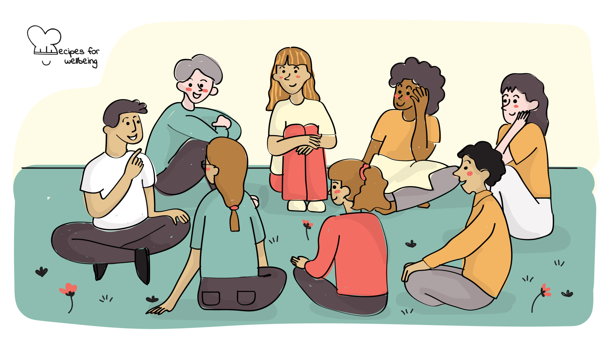 Illustration of a group of 8 people sitting in a circle outdoors. © Recipes for Wellbeing