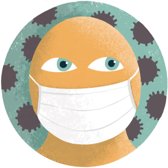 Illustrated icon for "wellbeing in the time of COVID-19" with a person wearing a protective face mask.