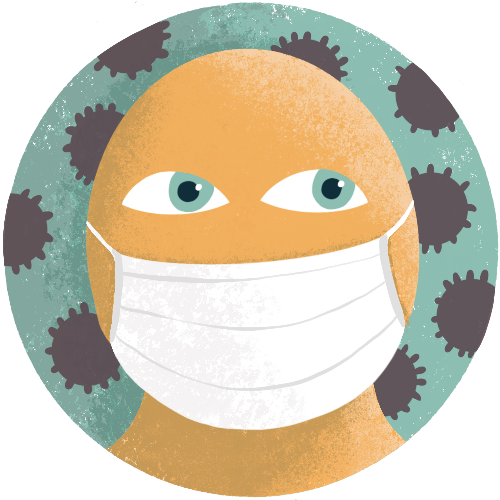 Illustrated icon for "wellbeing in the time of COVID-19" with a person wearing a protective face mask.