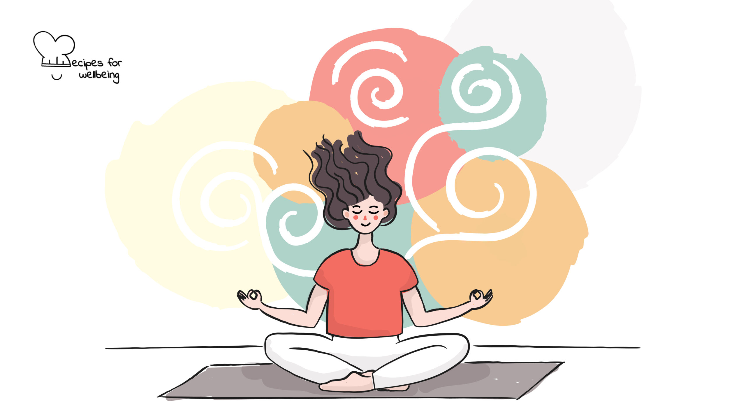 Illustration of a female sitting on a mat in a meditative pose with colours surrounding the figure. © Recipes for Wellbeing