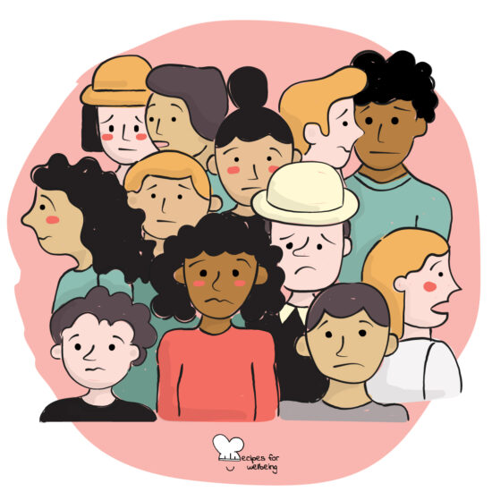 Illustration of a dozen people who look afraid and scared. © Recipes for Wellbeing