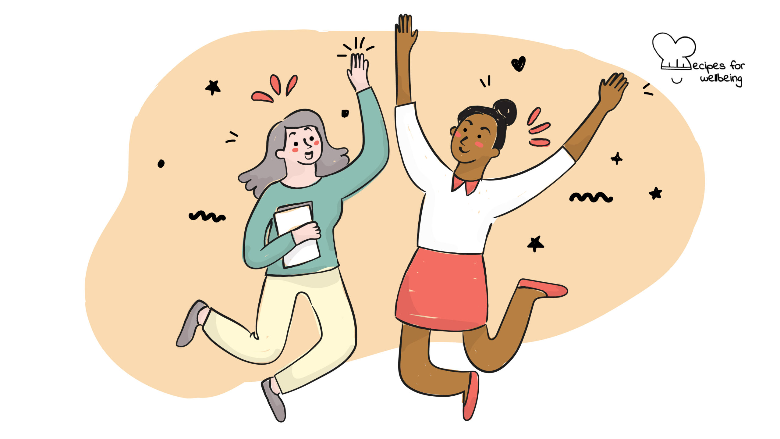 Illustration of a pair of females jumping cheerfully. © Recipes for Wellbeing