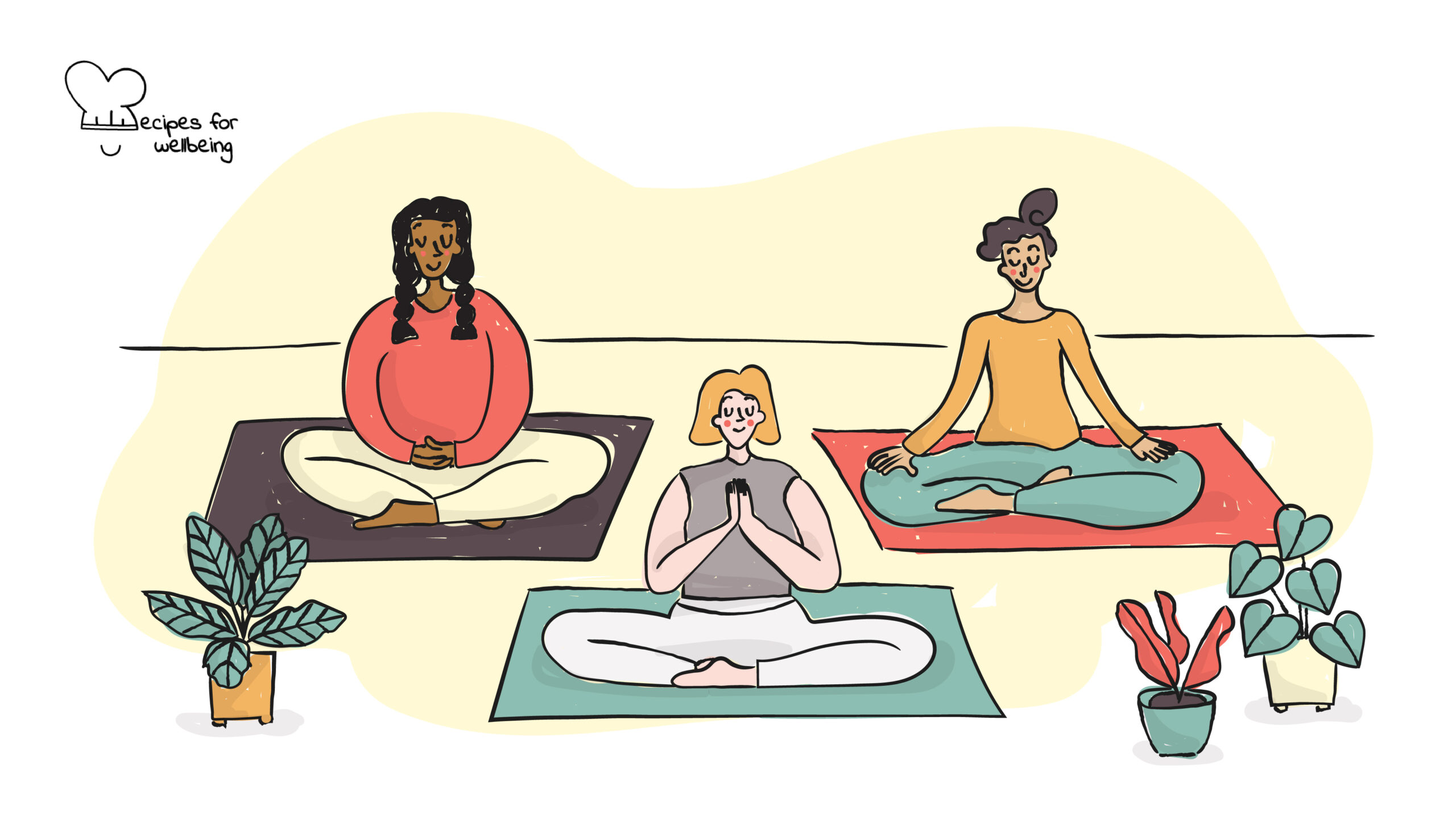 Illustration of three womxn sitting cross-legged on yoga mats in a meditative pose. © Recipes for Wellbeing