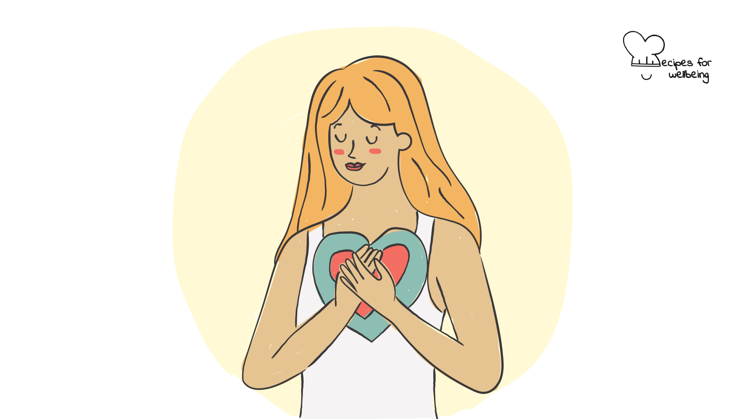 Illustration of a womxn holding their hands in front of the heart area. © Recipes for Wellbeing