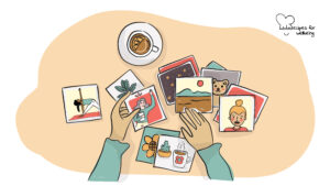 Illustration of a pair of hands going through a set of pictures. © Recipes for Wellbeing