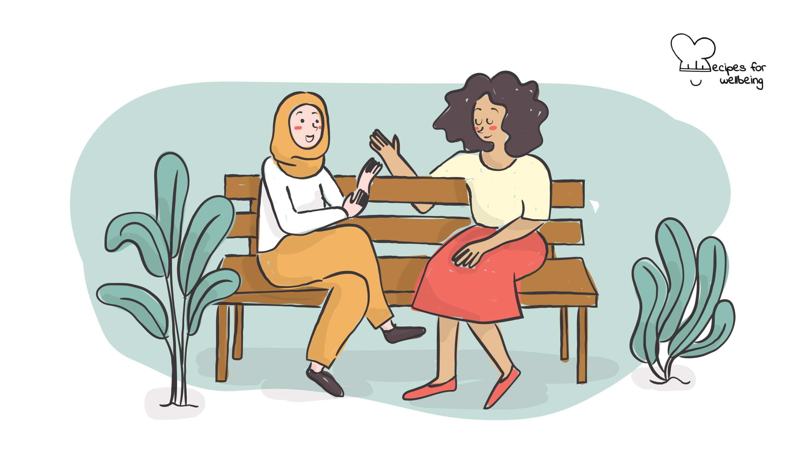 Illustration of two womxn sitting on a bench talking to each other. © Recipes for Wellbeing