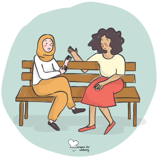 Illustration of two womxn sitting on a bench talking to each other. © Recipes for Wellbeing