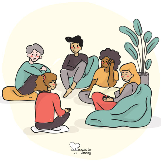 Illustration of a group of young people sitting on the floor talking to each other. © Recipes for Wellbeing