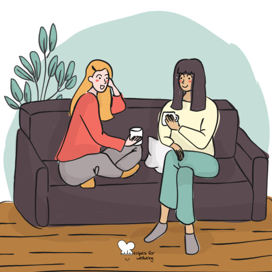 Illustration of two womxn sitting on a couch talking to each other. © Recipes for Wellbeing