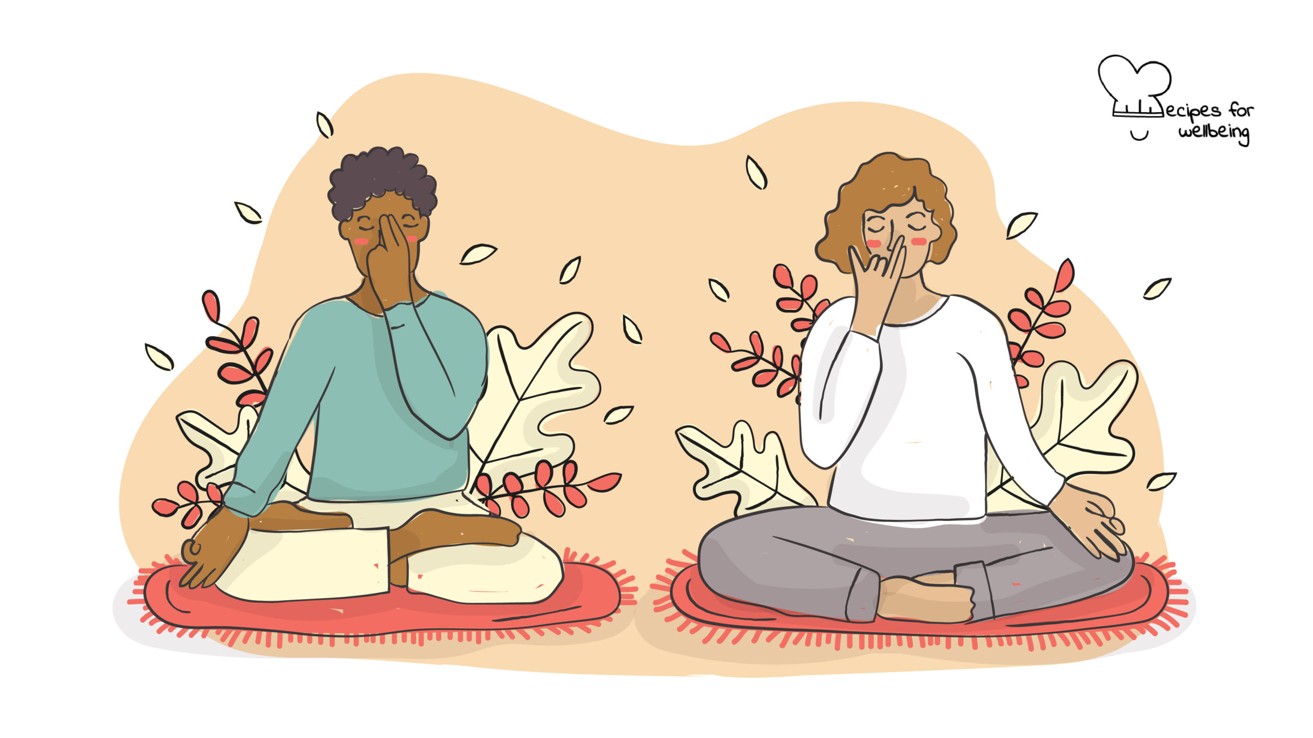 Illustration of two people sitting on the floor practicing a pranayama meditation. © Recipes for Wellbeing