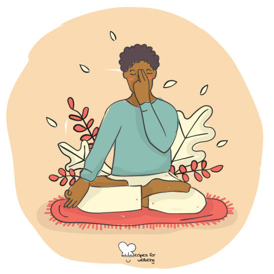 Illustration of one person sitting on the floor practicing a pranayama meditation. © Recipes for Wellbeing