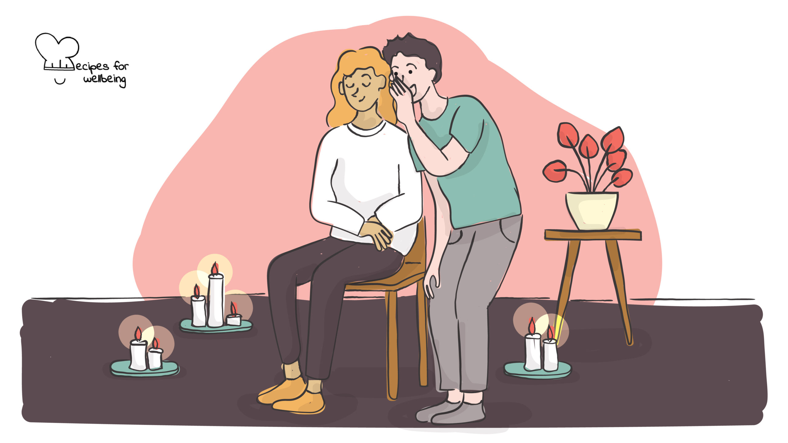 Illustration of a person sitting on a chair with closed eyes and another one standing behind them whispering something in their ear. © Recipes for Wellbeing
