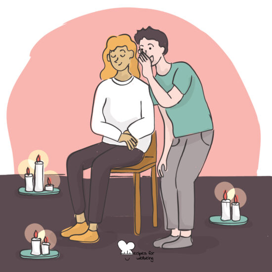 Illustration of a person sitting on a chair with closed eyes and another one standing behind them whispering something in their ear. © Recipes for Wellbeing