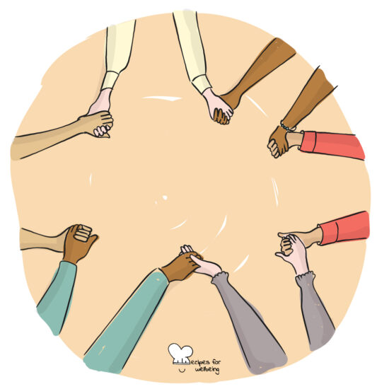 Illustration of a group of people holding hands (seen from above). © Recipes for Wellbeing