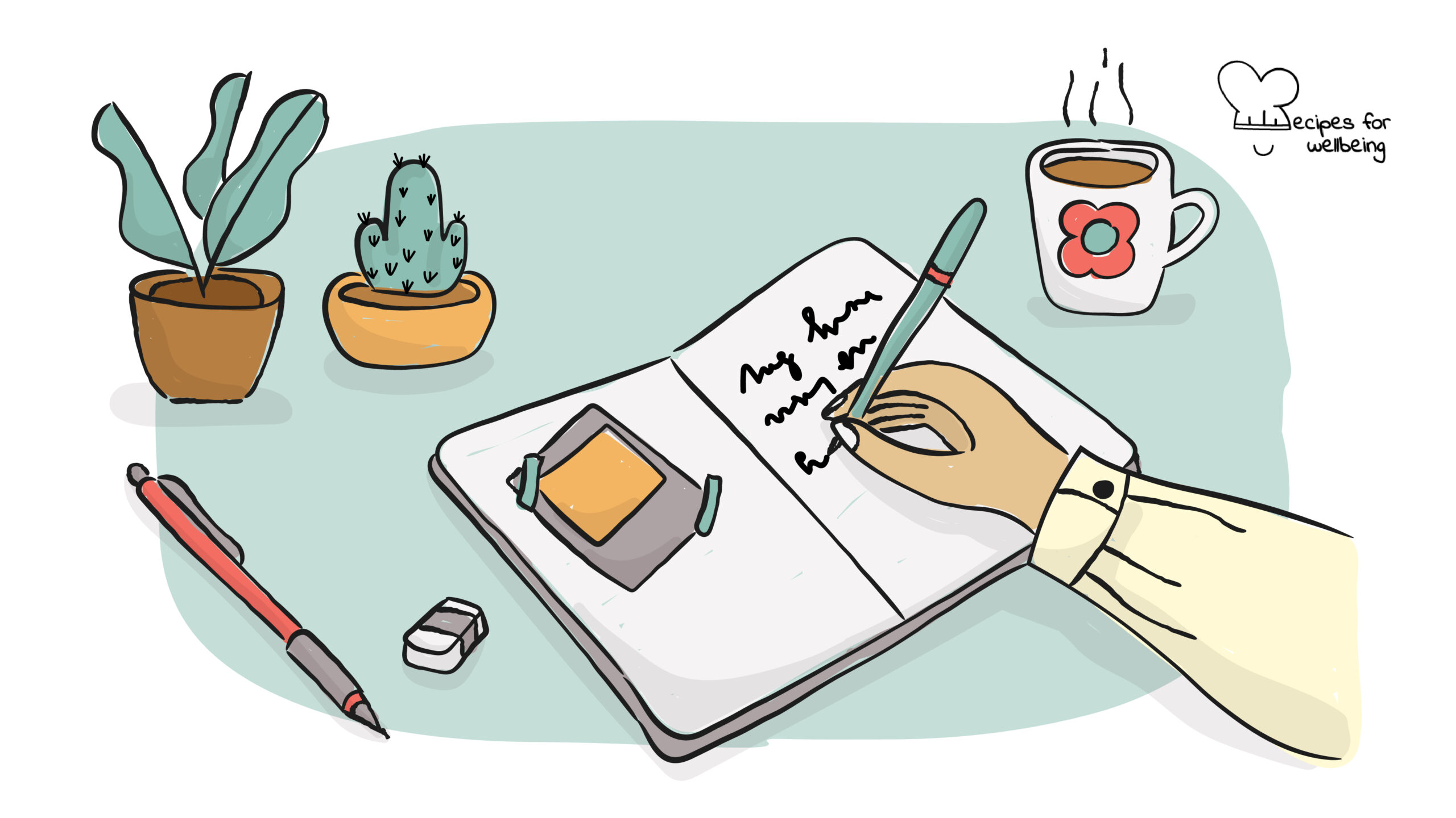 Illustration of a person's hand writing in a notebook. © Recipes for Wellbeing