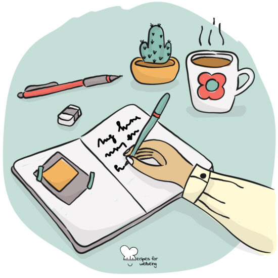 Illustration of a person's hand writing in a notebook. © Recipes for Wellbeing