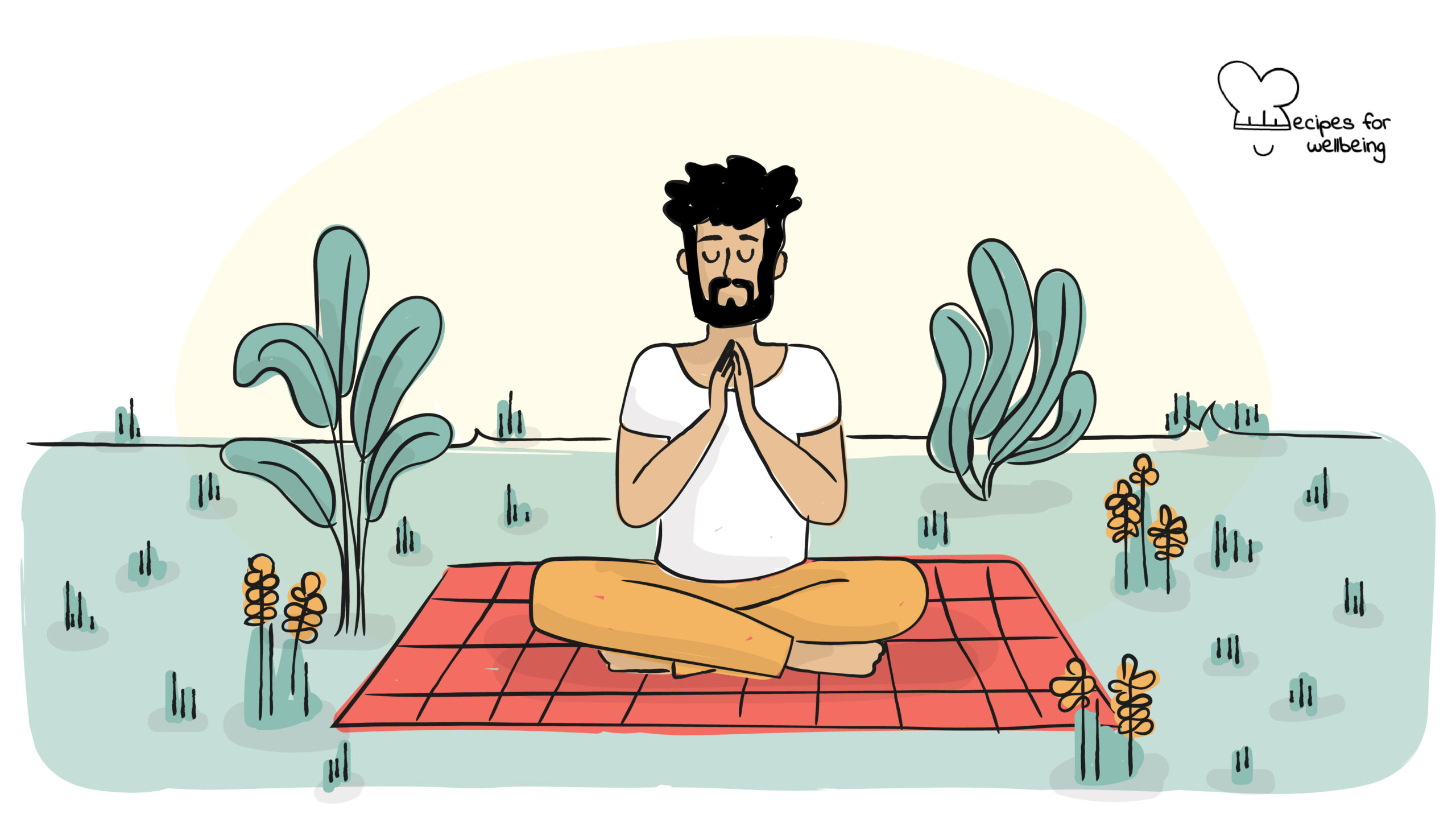 Illustration of a person sitting cross-legged on the grass in a meditative pose. © Recipes for Wellbeing