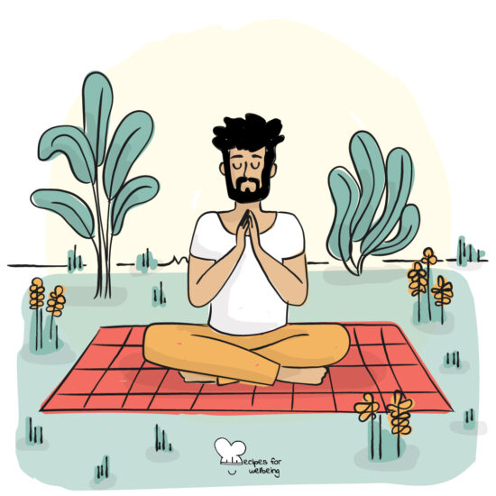 Illustration of a person sitting cross-legged on the grass in a meditative pose. © Recipes for Wellbeing