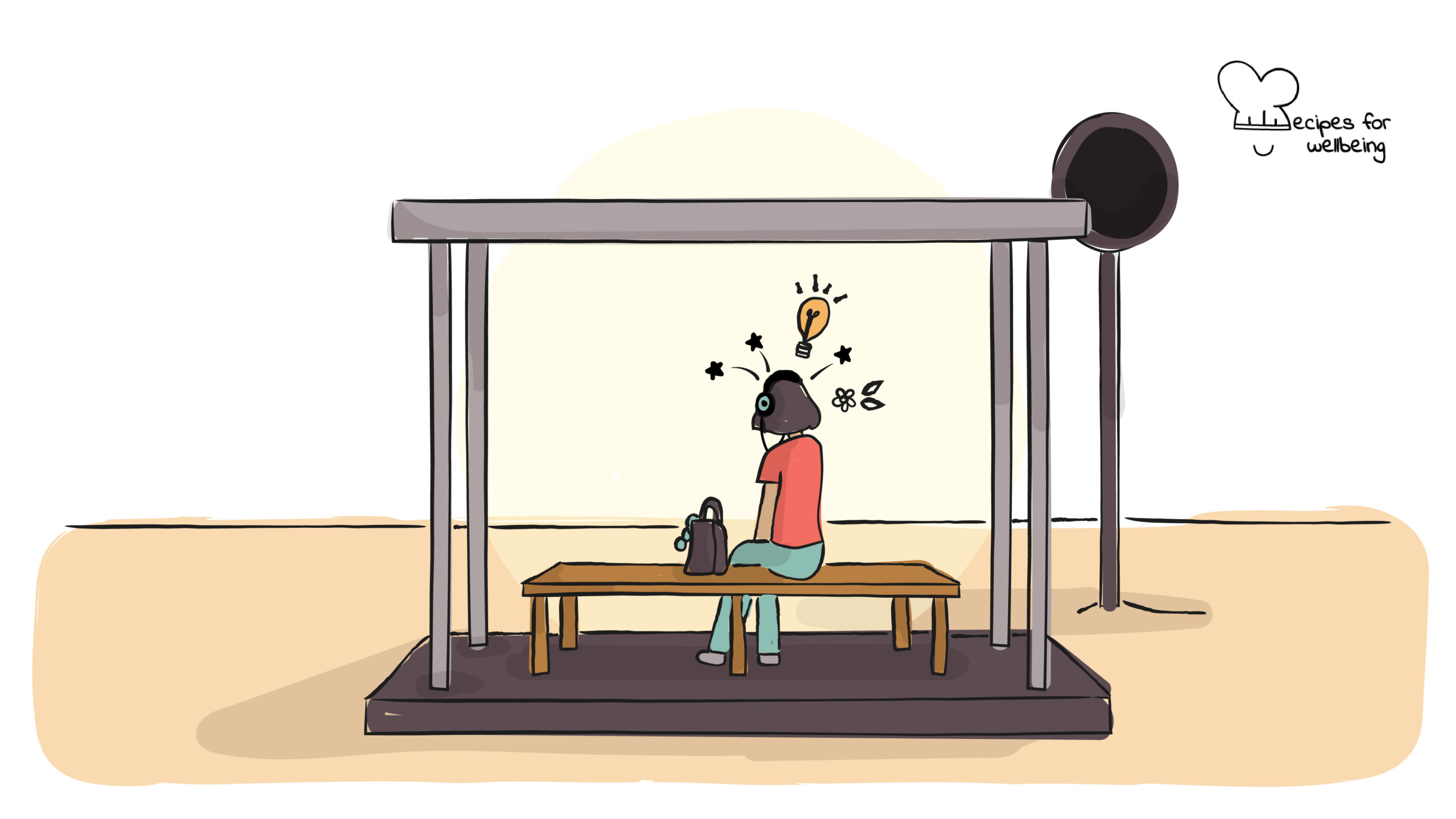 Illustration of a person on a bench with headphones on. © Recipes for Wellbeing