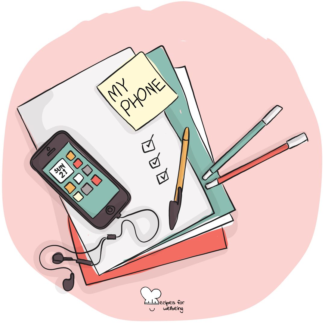 Illustration of a smartphone, sheets of paper, pens, and sticky notes. © Recipes for Wellbeing