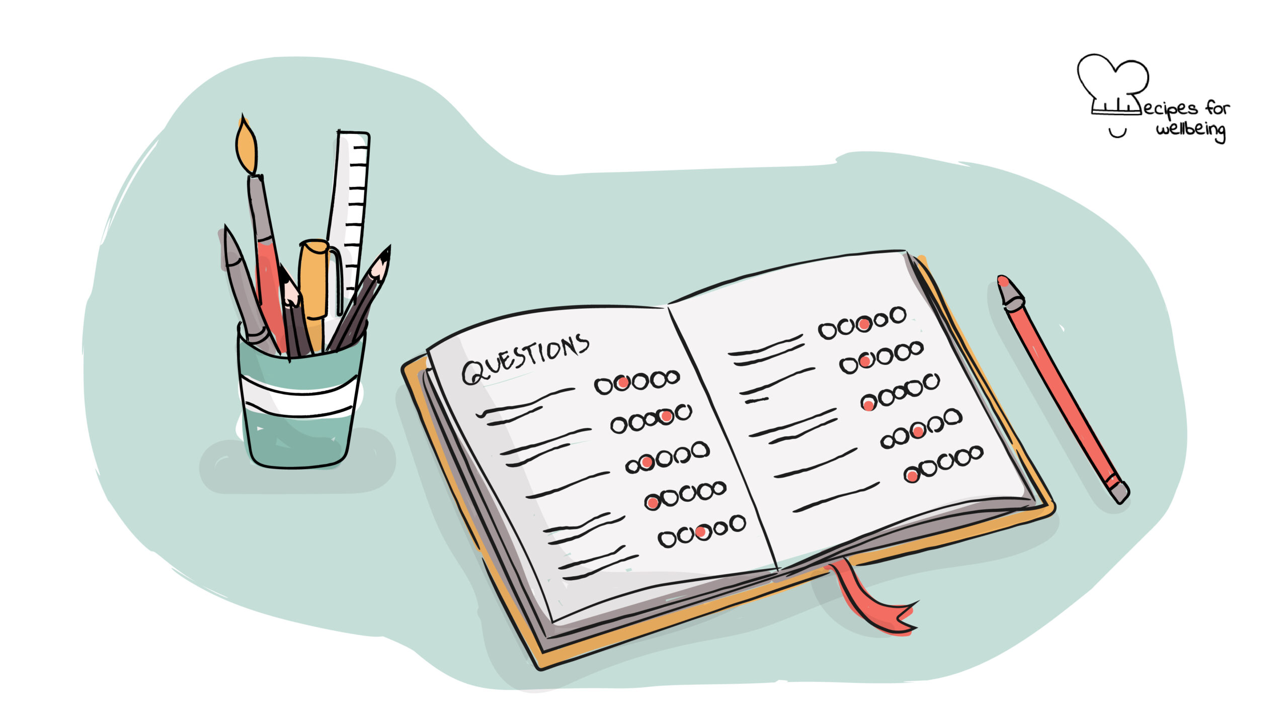 Illustration of an open notebook with a set of pencils next to it. © Recipes for Wellbeing