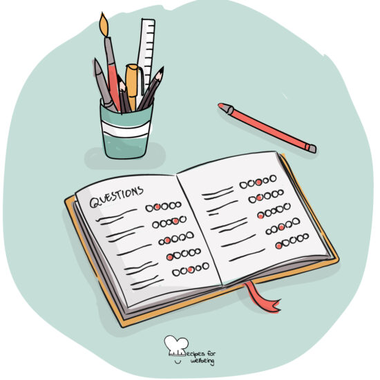 Illustration of an open notebook with a set of pencils next to it. © Recipes for Wellbeing