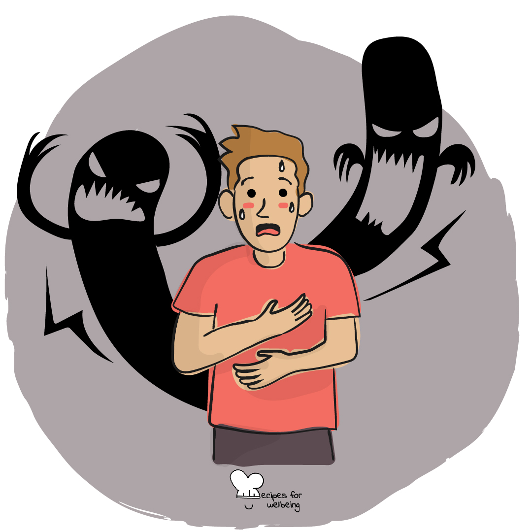 Illustration of a person in an anxious state with two dark shadows lurking behind. © Recipes for Wellbeing