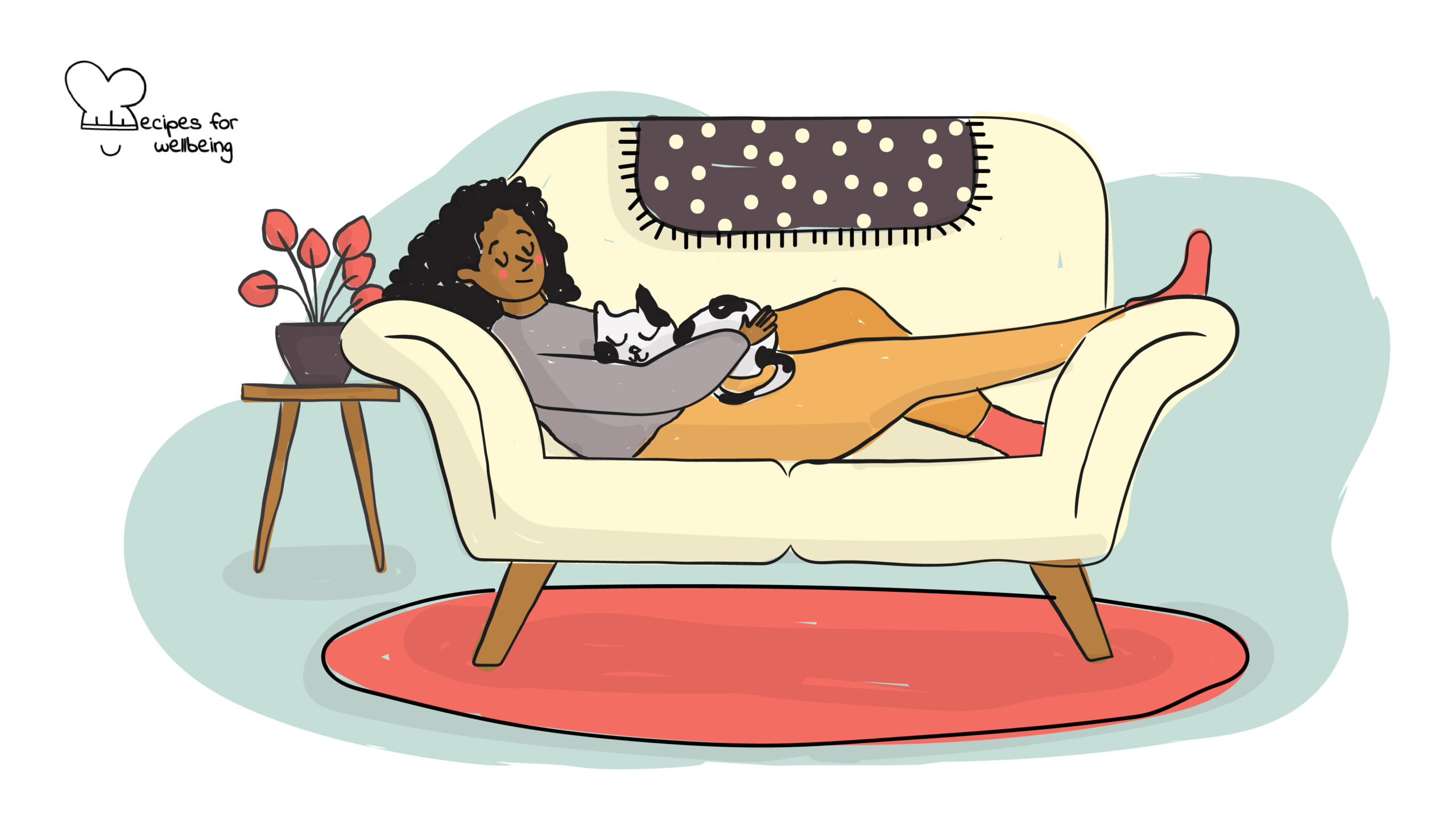 Illustration of a person resting on a couch with a cat on the lap. © Recipes for Wellbeing