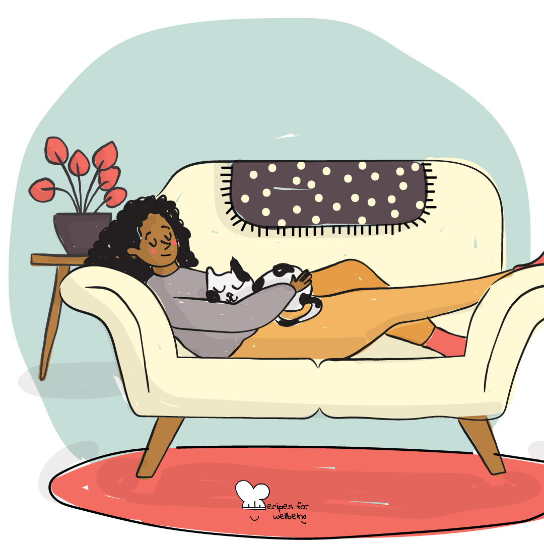 Illustration of a person resting on a couch with a cat on the lap. © Recipes for Wellbeing