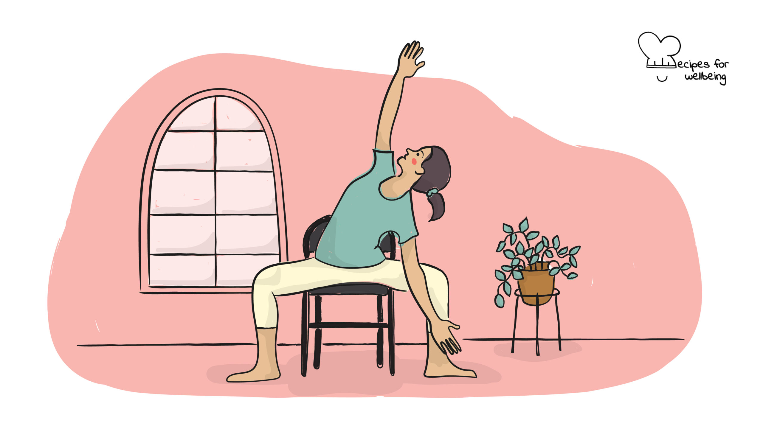 Illustration of a person sitting on a chair in a yoga pose. © Recipes for Wellbeing