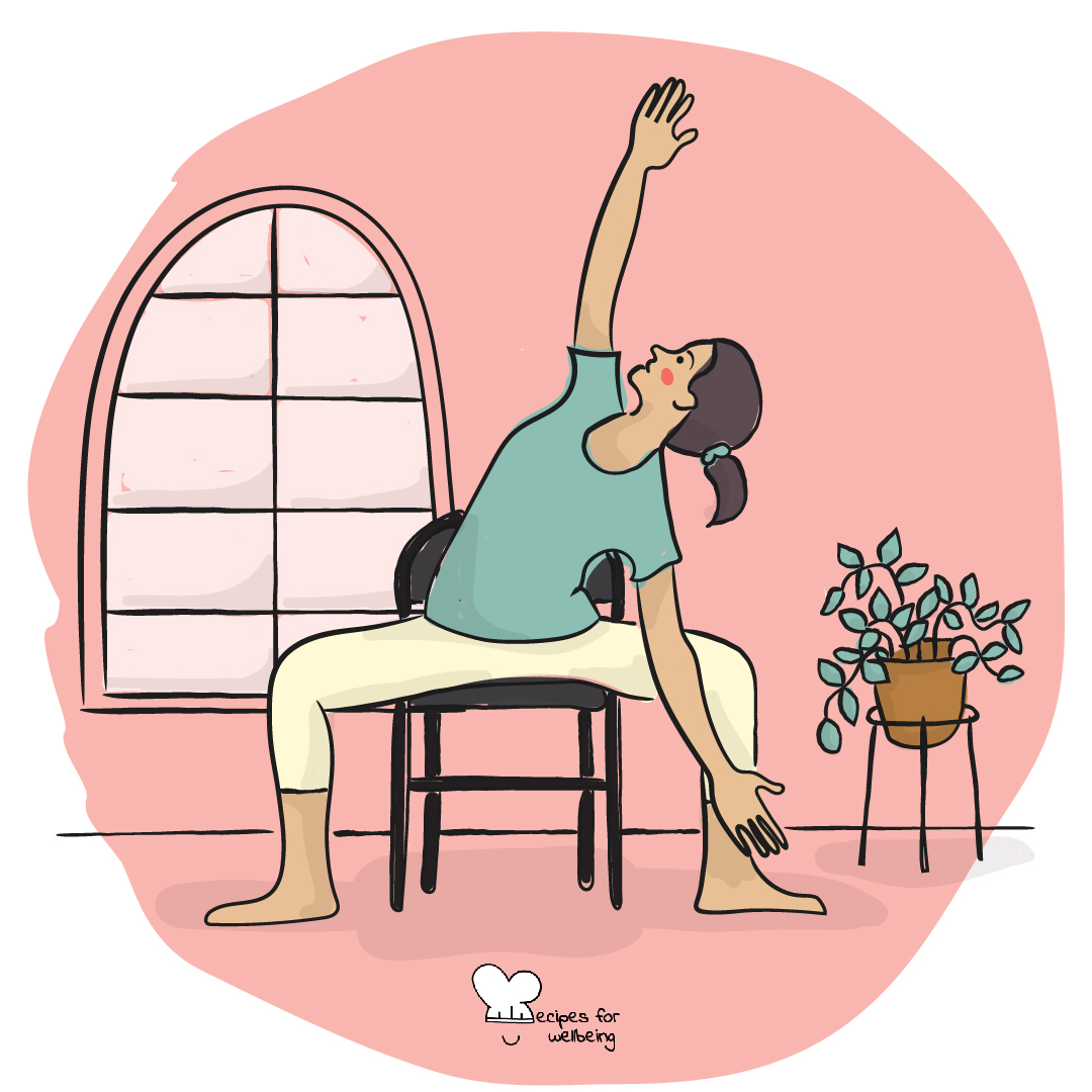 Illustration of a person sitting on a chair in a yoga pose. © Recipes for Wellbeing