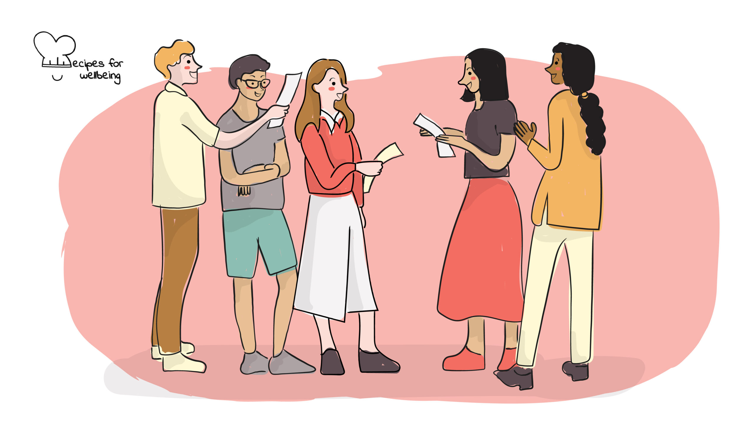 Illustration of a group of people standing and talking to each other. © Recipes for Wellbeing
