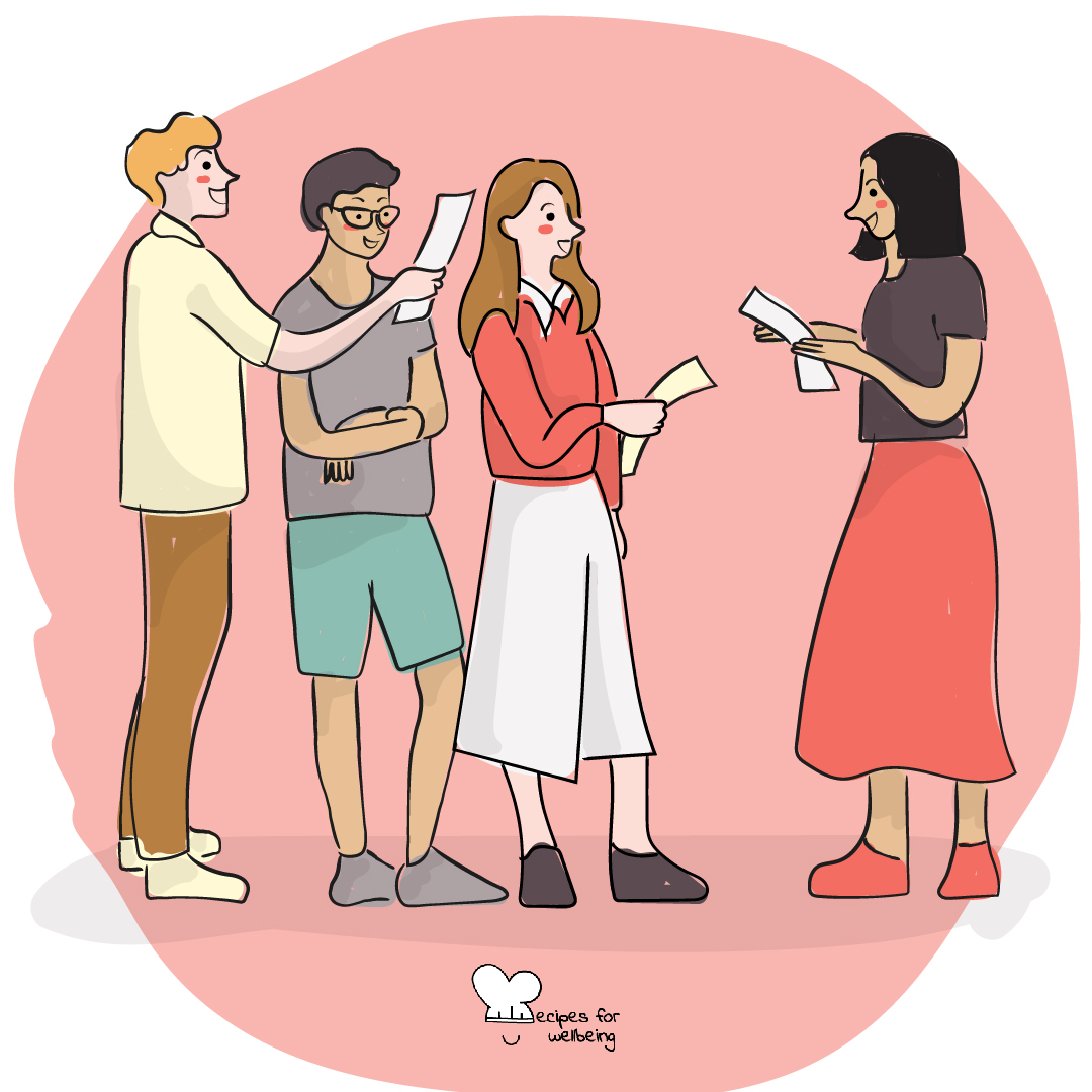Illustration of a group of people standing and talking to each other. © Recipes for Wellbeing