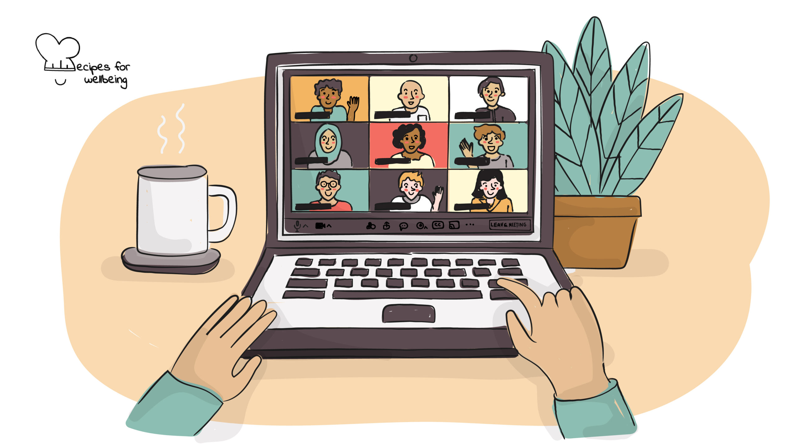 Illustration of a group of people interacting online. © Recipes for Wellbeing
